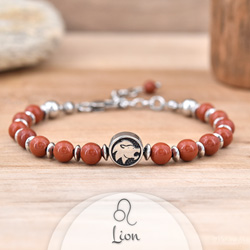 Bracelet Signe Astrologique LION en Acier et Pierres Naturelles 6mm - Jaspe Rouge