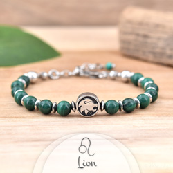 Bracelet Signe Astrologique LION en Acier et Pierres Naturelles 6mm - Malachite