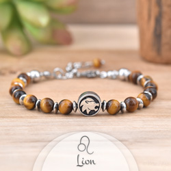 Bracelet en Pierre Naturelle Bracelet Signe Astrologique LION en Acier et Pierres Naturelles 6mm - Oeil de Tigre