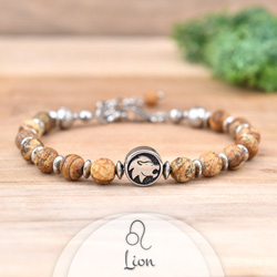 Bracelet Signe Astrologique LION en Acier et Pierres Naturelles 6mm - Jaspe Paysage