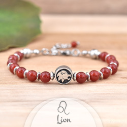 Bracelet Signe Astrologique LION en Acier et Pierres Naturelles 6mm - Agate Rouge