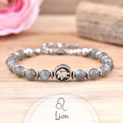 Bracelet en Pierre Naturelle Bracelet Signe Astrologique LION en Acier et Pierres Naturelles 6mm - Labradorite