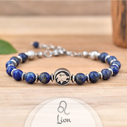 Bracelet en Pierre Naturelle Bracelet Signe Astrologique LION en Acier et Pierres Naturelles 6mm - Lapis Lazuli