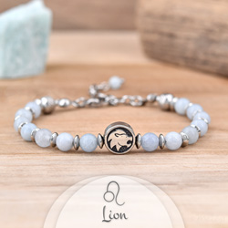 Bracelet en Pierre Naturelle Bracelet Signe Astrologique LION en Acier et Pierres Naturelles 6mm - Aigue-marine