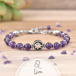 Bracelet Signe Astrologique LION en Acier et Pierres Naturelles 6mm - Amthyste