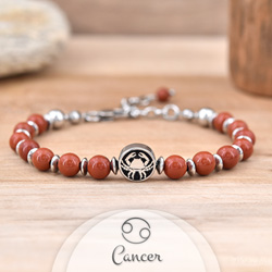 Bracelet Signe Astrologique CANCER en Acier et Pierres Naturelles 6mm - Jaspe Rouge