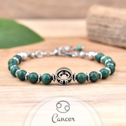 Bracelet Signe Astrologique CANCER en Acier et Pierres Naturelles 6mm - Malachite