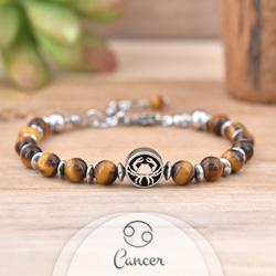 Bracelet en Pierre Naturelle Bracelet Signe Astrologique CANCER en Acier et Pierres Naturelles 6mm - Oeil de Tigre