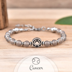 Bracelet Signe Astrologique CANCER en Acier et Pierres Naturelles 6mm - Agate Grise