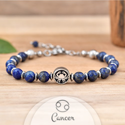 Bracelet en Pierre Naturelle Bracelet Signe Astrologique CANCER en Acier et Pierres Naturelles 6mm - Lapis Lazuli