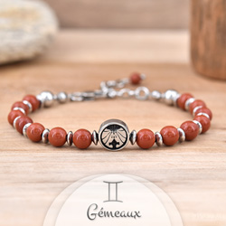 Bracelet Signe Astrologique GMEAUX en Acier et Pierres Naturelles 6mm - Jaspe rouge