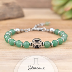 Bracelet Signe Astrologique GMEAUX en Acier et Pierres Naturelles 6mm - Aventurine