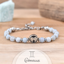 Bracelet en Pierre Naturelle Bracelet Signe Astrologique GMEAUX en Acier et Pierres Naturelles 6mm - Aigue-marine