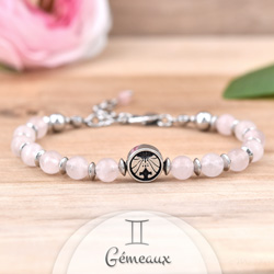 Bracelet Signe Astrologique GMEAUX en Acier et Pierres Naturelles 6mm - Quartz Rose