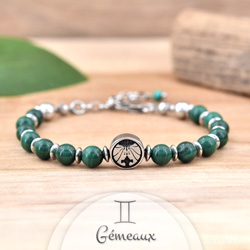 Bracelet Signe Astrologique GMEAUX en Acier et Pierres Naturelles 6mm - Malachite