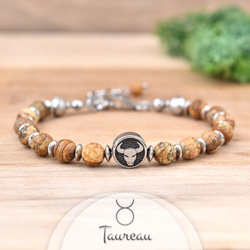 Bracelet Signe Astrologique TAUREAU en Acier et Pierres Naturelles 6mm - Jaspe Paysage