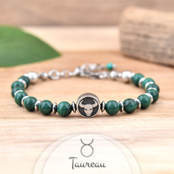 Bracelet Signe Astrologique TAUREAU en Acier et Pierres Naturelles 6mm - Malachite