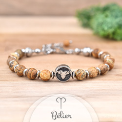 Bracelet Signe Astrologique BLIER en Acier et Pierres Naturelles 6mm - Jaspe Paysage