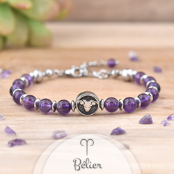 Bracelet Signe Astrologique BLIER en Acier et Pierres Naturelles 6mm - Amthyste