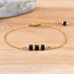 Bracelet en Pierre Naturelle Bracelet Nora en Acier Dor et Pierres Naturelles Heishi 4mm - Onyx